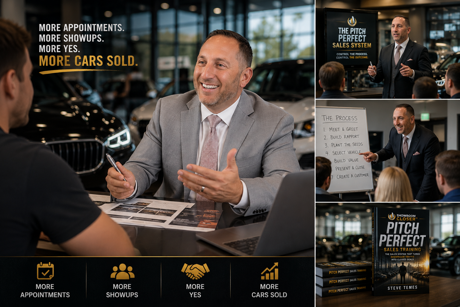 Showroom Closer promotional visual showing Steve Temes coaching, training and applying the Pitch Perfect sales system